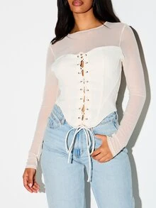 KIZN Mesh Long Sleeve Corset Top With Lace-Up Front Detail Sweetheart Boning Keyhole Back Cut-Out Spring Night Out Party - Beige - View 4