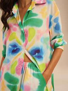 Dancing Leopard Abstract Print Oversized Shirt, Holiday/Vacation Wear - Multicolor - View 3