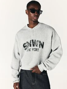 SUMWON New York Oversized Crop Sweatshirt With Henley Neckline Distressed Varsity Chest Print Long Sleeve Pullover Top - Light Grey - View 4