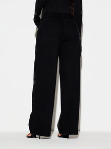 KIZN High Rise Wide Leg Black Denim Jeans With Rhinestone Floral Rose Crystal Embellishment Full Length Palazzo Style Party Festive Evening Statement Pants - Black - View 3