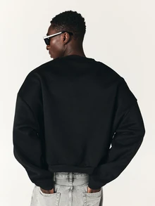 SUMWON Oversized Crew Neck Sweatshirt With Chest Pocket Embroidery And Logo Patch Detail Long Sleeve Pullover Top - Black - View 2