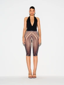KIZN Mesh See-Through Abstract Print High Rise Cropped Leggings With Swirl Pattern For Summer Festival Season - Brown - View 4