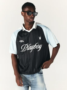 PLAYBOY X SUMWON Club 細條紋足球球衣 V 領翻領短袖拼色足球風上衣，附兔子 Logo - 彩色 - 查看 4