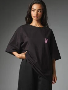 Missguided x Playboy Oversized Crew Neck T-Shirt With Pink Zebra Print Bunny Logo And Repeat Script Back Graphic Summer Casual Tee - Black - View 4