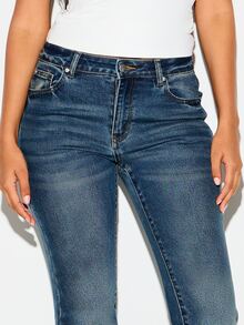 KIZN Dark Wash Bootcut Jeans Mid Rise Full Length Five Pocket Classic Denim Flare Hem Everyday Casual Fall Winter Style - Blue - View 5