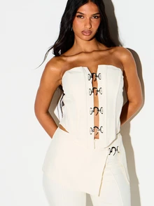 KIZN Structured Strapless Corset Top With Metal Hook And Eye Closure Detail Cut Out Waist Boning Panel Design Party Night Out - Apricot - View 5