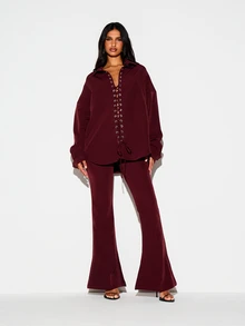 KIZN Oversized Lace-Up Front Collared Shirt With Metal Eyelets Long Sleeve Drop Shoulder Longline Top Fall Winter Essential - Red - View 3