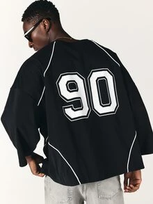 SUMWON Oversized Long Sleeve Crew Neck Tee With Contrast Piping And Varsity Number 90 Back Print Street Style Top - Black - View 1