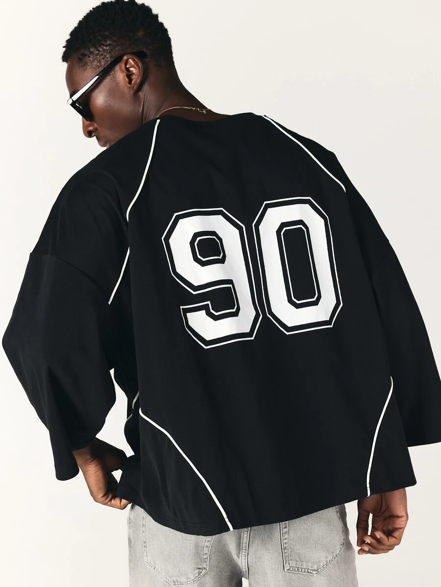 SUMWON Oversized Long Sleeve Crew Neck Tee With Contrast Piping And Varsity Number 90 Back Print Street Style Top - Black - View 1
