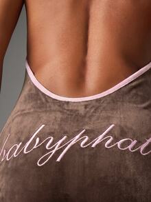 BABYPHAT Velour Halter Mini Dress With Open Back And Pink Contrast Trim Embroidered Logo Bodycon Fit - Chocolate Brown - View 5