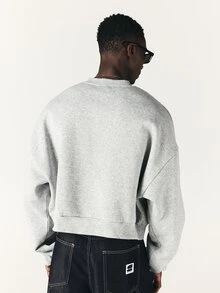 SUMWON New York Oversized Crop Sweatshirt With Henley Neckline Distressed Varsity Chest Print Long Sleeve Pullover Top - Light Grey - View 2