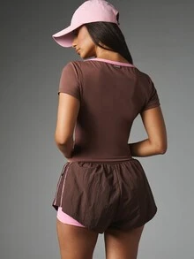 Missguided x Playboy Bunny Logo V-Neck Short Sleeve Fitted Top With Pink Contrast Trim Detail Summer Festival Style - Grey - View 3