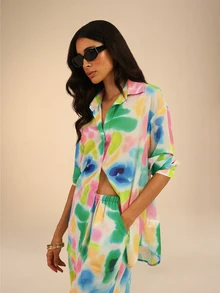Dancing Leopard Abstract Print Oversized Shirt, Holiday/Vacation Wear - Multicolor - View 4