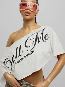 SUMWON WOMEN Off Shoulder Asymmetric Hem Graphic Script Print Crop Top - Oversized Boxy Fit One Shoulder Festival Party Summer Top - Light Grey - View 6