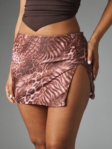 MISSGUIDED 緞面迷你裙 混搭動物印花 側開衩 低腰裹身式 夏季音樂節派對場合 - 彩色 - 查看 1