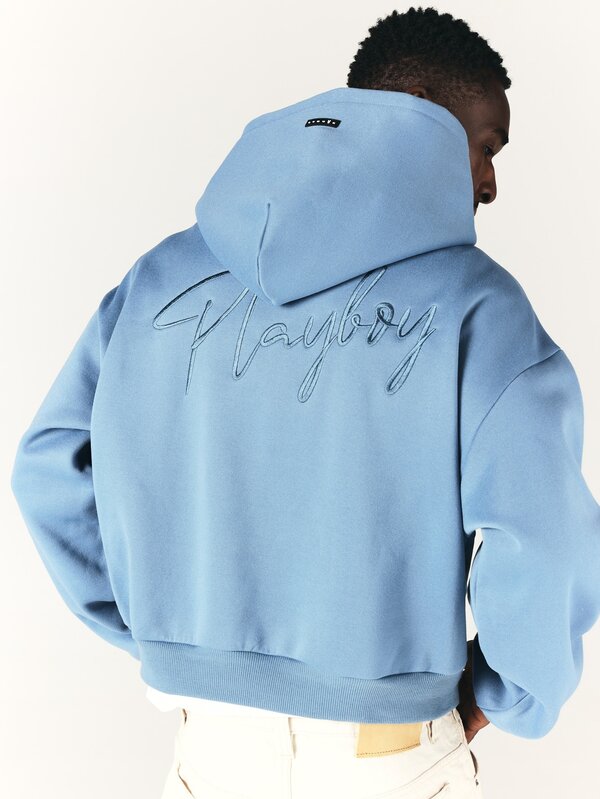 PLAYBOY X SUMWON Oversized hoodie med kaninlogo, broderad text på ryggen och centerficka, avslappnad streetwear-stil