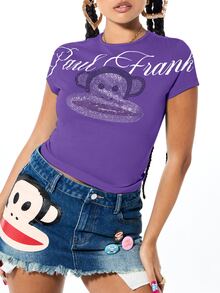 SUMWON X PAUL FRANK SUMWON WOMEN Monkey Rhinestone Graphic Crew Neck Crop Tee Short Sleeve Slim Fit T-Shirt Holiday Party Spring Summer - Purple - View 4