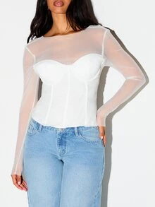 KIZN Mesh Long Sleeve Corset Top With Sweetheart Bustier Lace-Up Back Detail Crop Length Party Night Out - White - View 3