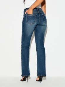 KIZN Dark Wash Bootcut Jeans Mid Rise Full Length Five Pocket Classic Denim Flare Hem Everyday Casual Fall Winter Style - Blue - View 2