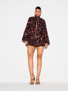 KIZN Abstract Blurred Leopard Print Satin Romper With High Neck Tie Detail Puff Long Sleeves Elastic Waist And Ruffled Mini Shorts Fall Party - Brown - View 3