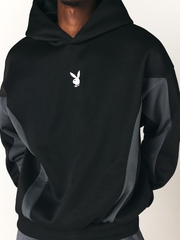 PLAYBOY X SUMWON הודי אוברסייז עם לוגו ארנבת ופאנלים בצבעים חסומים, סווטשירט פולאובר עם שרוולים ארוכים, פריט חיוני לסתיו וחורף