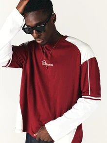 SUMWON Team 09 Color Block Oversized Long Sleeve Crew Neck Jersey Top With Contrast Piping And Varsity Back Print - Burgundy - View 6