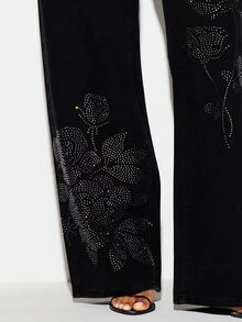 KIZN High Rise Wide Leg Black Denim Jeans With Rhinestone Floral Rose Crystal Embellishment Full Length Palazzo Style Party Festive Evening Statement Pants - Black - View 5