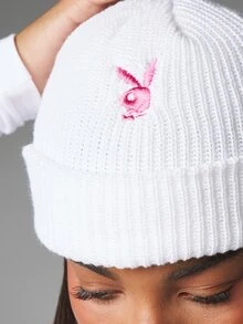 Missguided x Playboy Bunny Logo Ribbed Knit Beanie Hat With Embroidered Icon Cuffed Winter Skull Cap Cozy Cold Weather Headwear - snow white - View 2