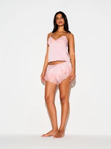 KIZN Satin Lace Trim Cami And Shorts Lounge Set V-Neck Adjustable Straps Floral Lace Hem Co-Ord Pajama Two-Piece Valentine Night Set - Dusty Pink - View 3