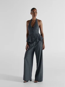 KSTM Pinstripe Halter Vest Top With Deep V-Neck Peplum Hem And Button Front Closure - Tailored Suiting Style Spring Office - Grey - View 2
