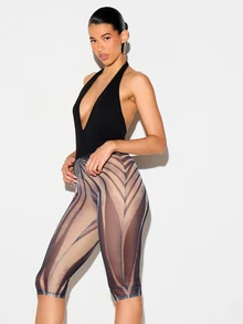 KIZN Mesh See-Through Abstract Print High Rise Cropped Leggings With Swirl Pattern For Summer Festival Season - Brown - View 5