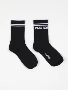 PLAYBOY X SUMWON Kaos Kaki Kru Abu-abu dengan Logo Garis Ganda Gaya Varsity, Manset Berusuk, Gaya Streetwear Retro, Kasual untuk Sehari-hari - MultiWarna - View 4
