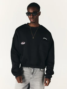 SUMWON Oversized Crew Neck Sweatshirt With Chest Pocket Embroidery And Logo Patch Detail Long Sleeve Pullover Top - Black - View 4