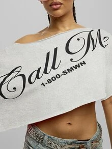 SUMWON WOMEN Off Shoulder Asymmetric Hem Graphic Script Print Crop Top - Oversized Boxy Fit One Shoulder Festival Party Summer Top - Light Grey - View 7
