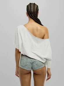 SUMWON WOMEN Off Shoulder Asymmetric Hem Graphic Script Print Crop Top - Oversized Boxy Fit One Shoulder Festival Party Summer Top - Light Grey - View 2