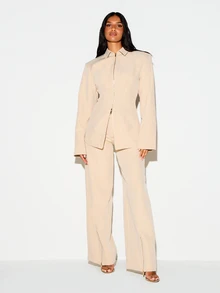KIZN Structured Shoulder Zip-Up Collared Shirt With Bell Sleeves And Gold Zipper Tailored Fitted Blazer Style Top For Office Spring Summer - Khaki - View 3