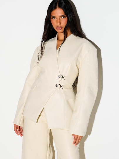 KIZN Cream Structured Wrap Blazer With Silver Hardware Buckle Closure Stand Collar Welt Pockets Long Sleeves Hip Length