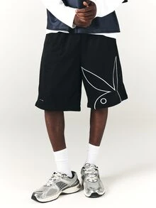 PLAYBOY X SUMWON Bunny Oversized Mesh Basketball Shorts With Large Logo Print Elasticated Waist Knee Length Summer Streetwear - Black - View 3