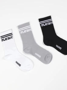 PLAYBOY X SUMWON Kaos Kaki Kru Abu-abu dengan Logo Garis Ganda Gaya Varsity, Manset Berusuk, Gaya Streetwear Retro, Kasual untuk Sehari-hari - MultiWarna - View 5