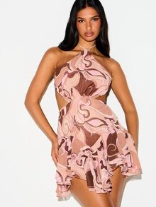 KIZN Halter Neck Mini Dress With Side Cut-Out Waist Ruffle Hem And Swirl Print Chiffon Flowy Fit And Flare Summer Party Style - Pink - View 5