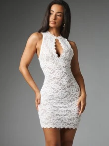 MISSGUIDED Floral Lace Bodycon Mini Dress With High Neck Keyhole Cut-Out Sleeveless Scallop Hem Party Summer Wedding Guest - Beige - View 1