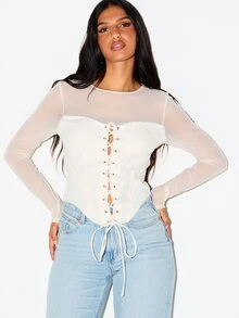 KIZN Mesh Long Sleeve Corset Top With Lace-Up Front Detail Sweetheart Boning Keyhole Back Cut-Out Spring Night Out Party - Beige - View 1