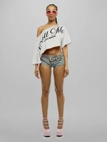 SUMWON WOMEN Off Shoulder Asymmetric Hem Graphic Script Print Crop Top - Oversized Boxy Fit One Shoulder Festival Party Summer Top - Light Grey - View 3