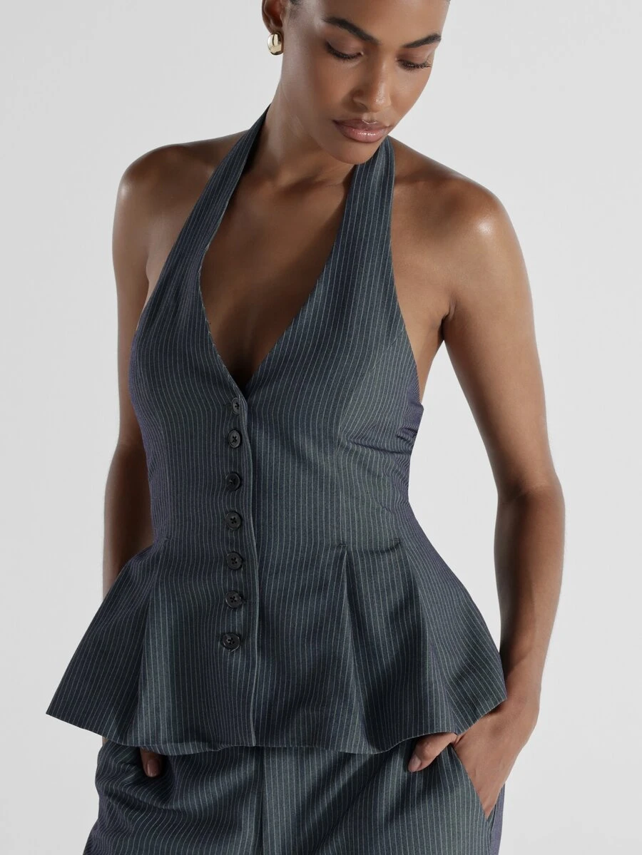 KSTM Pinstripe Halter Vest Top With Deep V-Neck Peplum Hem And Button Front Closure - Tailored Suiting Style Spring Office - Grey - View 1