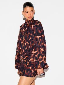 KIZN Abstract Blurred Leopard Print Satin Romper With High Neck Tie Detail Puff Long Sleeves Elastic Waist And Ruffled Mini Shorts Fall Party - Brown - View 4