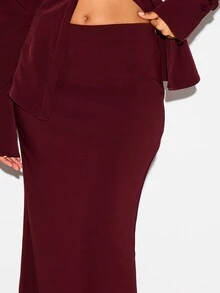 KIZN Bodycon Maxi Skirt With Side Split Mid Rise Smooth Knit Floor Length Pencil Silhouette Fall Winter Evening Party - Burgundy - View 5