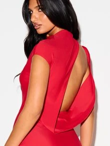 KIZN Red Backless Mini Dress With High Neck Open Back Draped Overlay Short Sleeve Bodycon Silhouette Night Out Party Holiday - Red - View 5