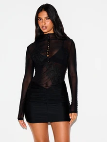 KIZN Black Mesh Long Sleeve Mini Dress With Floral Embroidery Applique High Neck Ruched Bodycon Party Night Out Holiday - Black - View 1
