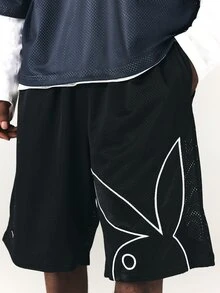 PLAYBOY X SUMWON Bunny Oversized Mesh Basketball Shorts With Large Logo Print Elasticated Waist Knee Length Summer Streetwear - Black - View 5