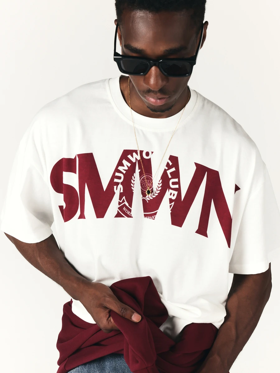 SUMWON Club Oversized Crew Neck Short Sleeve Graphic Logo Print T-Shirt Casual Streetwear Summer Essential - White - View 1